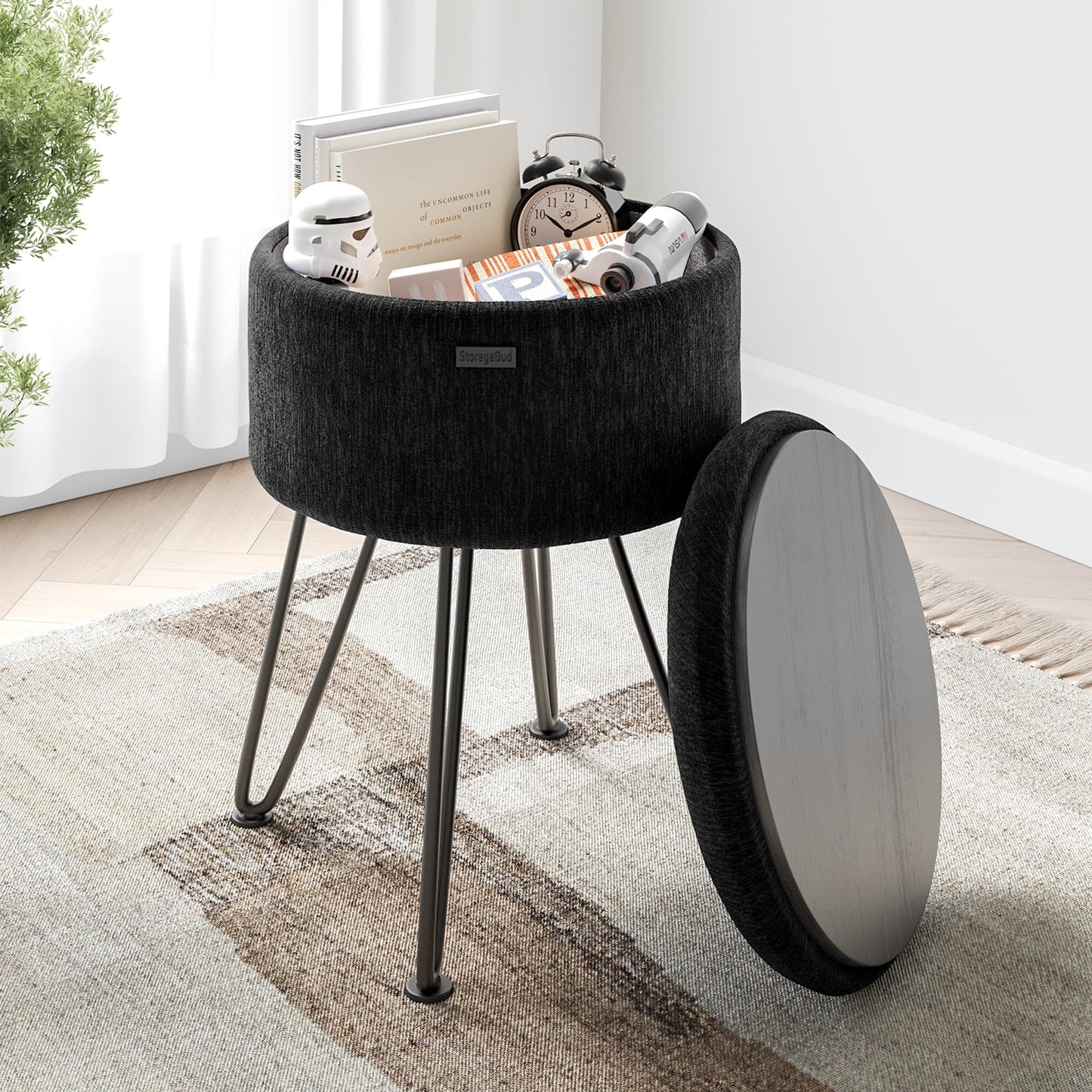LammaLoe Small Round Ottoman with Storage, Textured Velvet Ottoman Foot Stool with Lid, Upholstered Vanity Stool for Living Room & Bedroom, Black