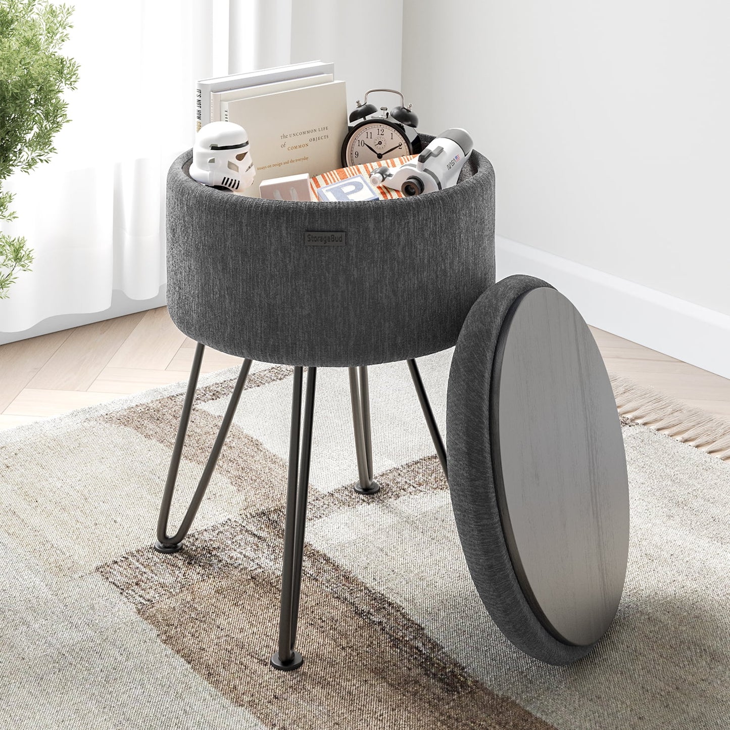 LammaLoe Small Round Ottoman with Storage, Textured Velvet Ottoman Foot Stool with Lid, Upholstered Vanity Stool for Living Room & Bedroom, Green