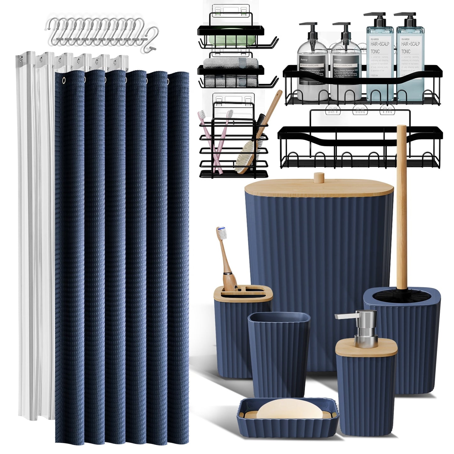 Lammaloe Navy Blue Bathroom Accessories Sets and Shower Caddy for Bathroom Sets with Shower Curtain Sets for Bathroom Decor with Toothbrush Holder