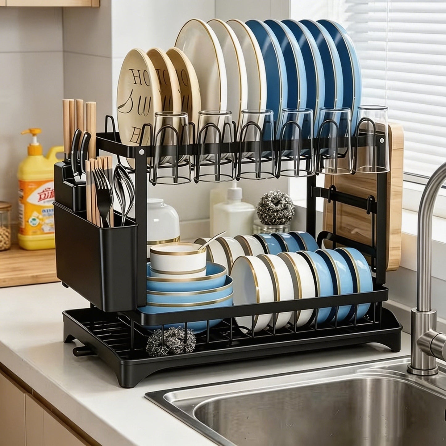 Large 2 Tier Dish Drying Rack with Drainboard, Rustproof Stainless Steel Kitchen Dish Drainer Set with Utensil/Cup/Cutting Board Holder, Space Saving Countertop Organizer, Black