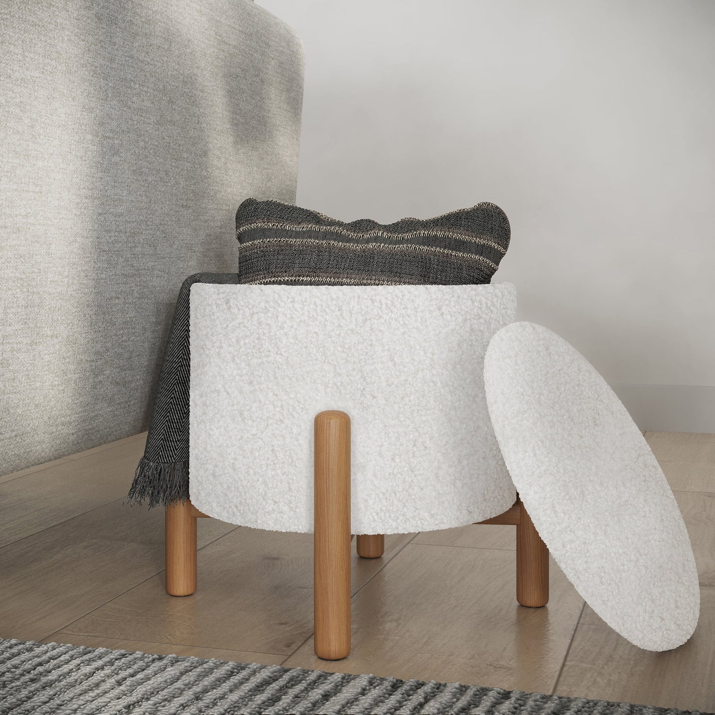 Lavish Home Round Ottoman with Removable Top for Storage (White)