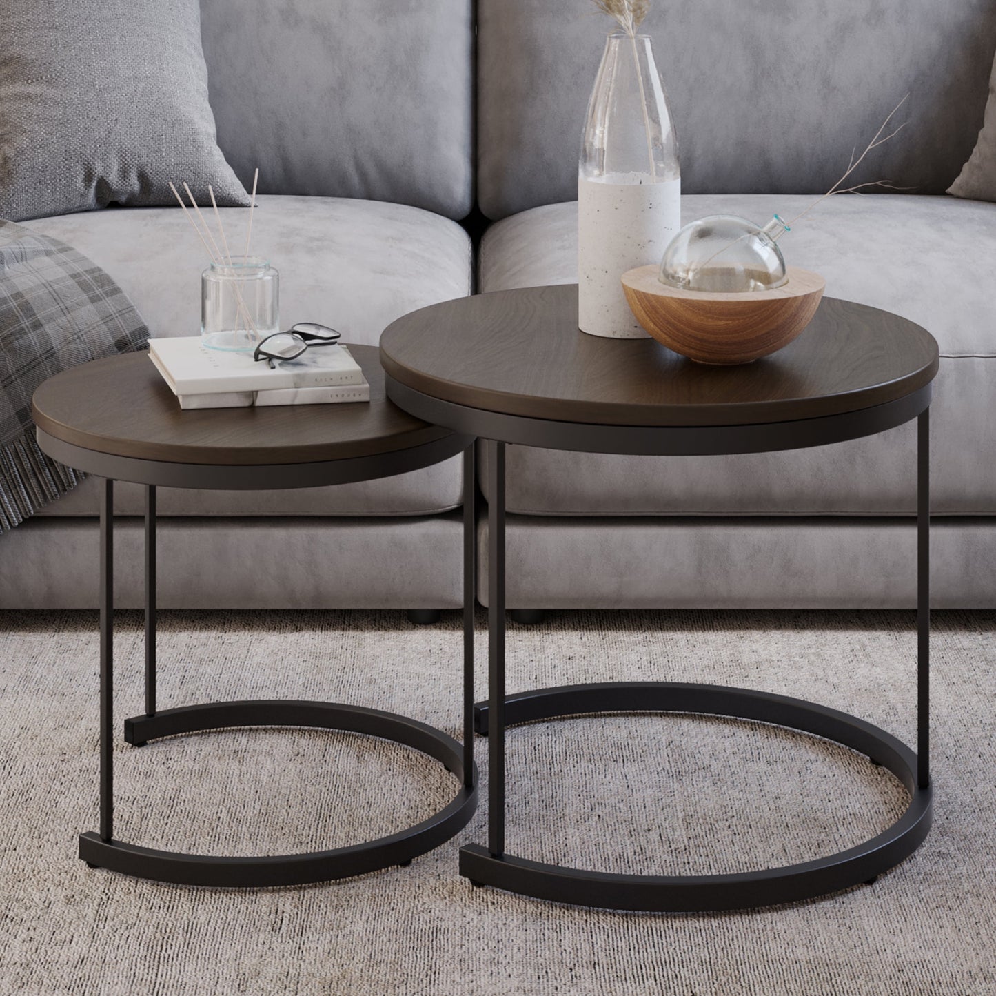 Lavish Home 19.75-inch Nesting Coffee Table Small Round Tables Nest Together, Brown, Set of 2