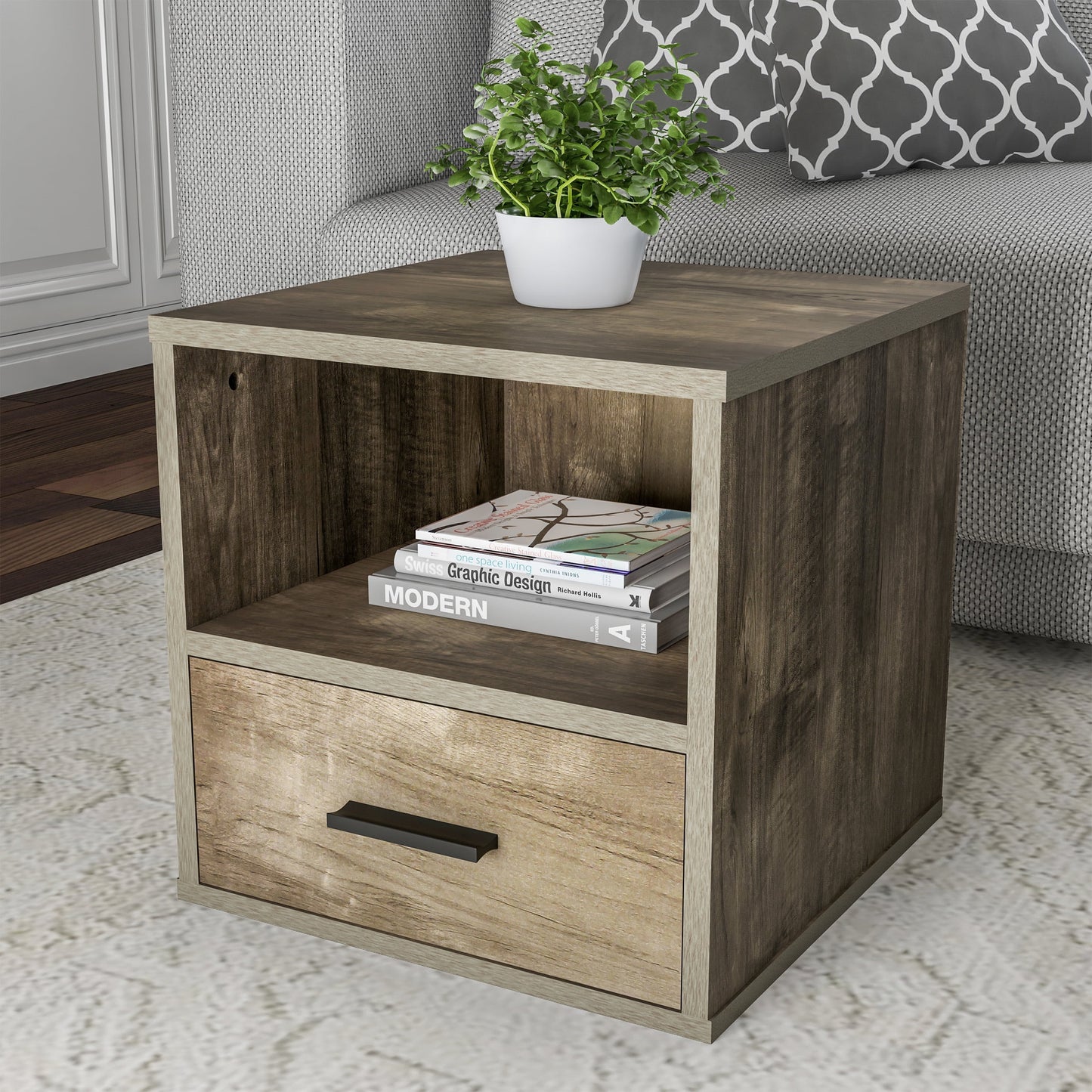 Lavish Home End Table Cube with Drawer, Gray