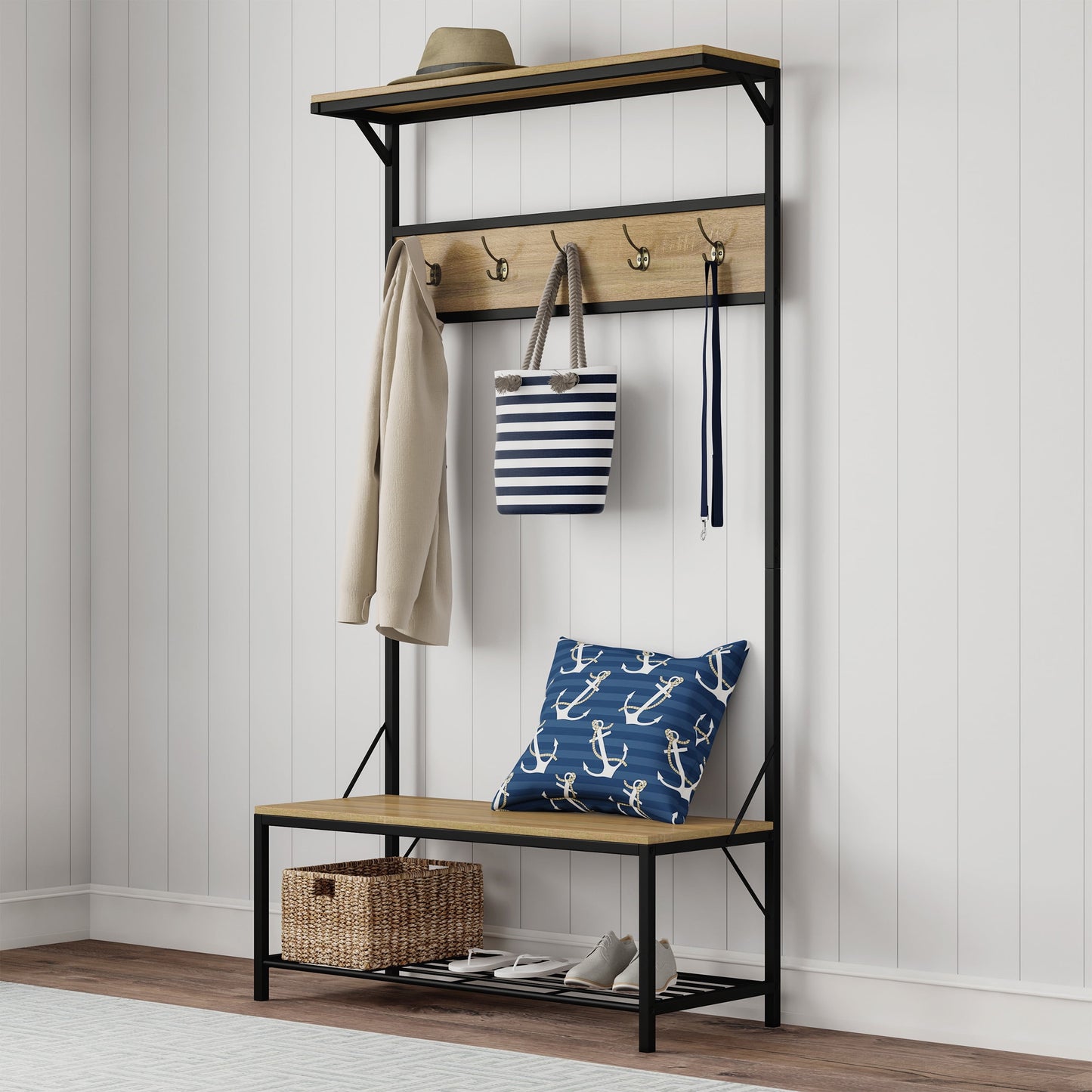 Lavish Home Entryway Bench with Seat and Shoe Storage (Woodgrain-Look)