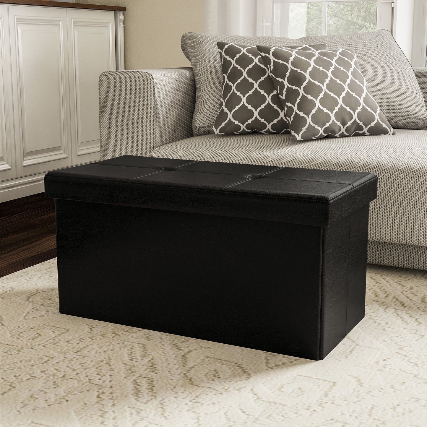 Large Foldable Storage Bench Ottoman ? Tufted Faux Leather Organizer by Lavish Home (Black)