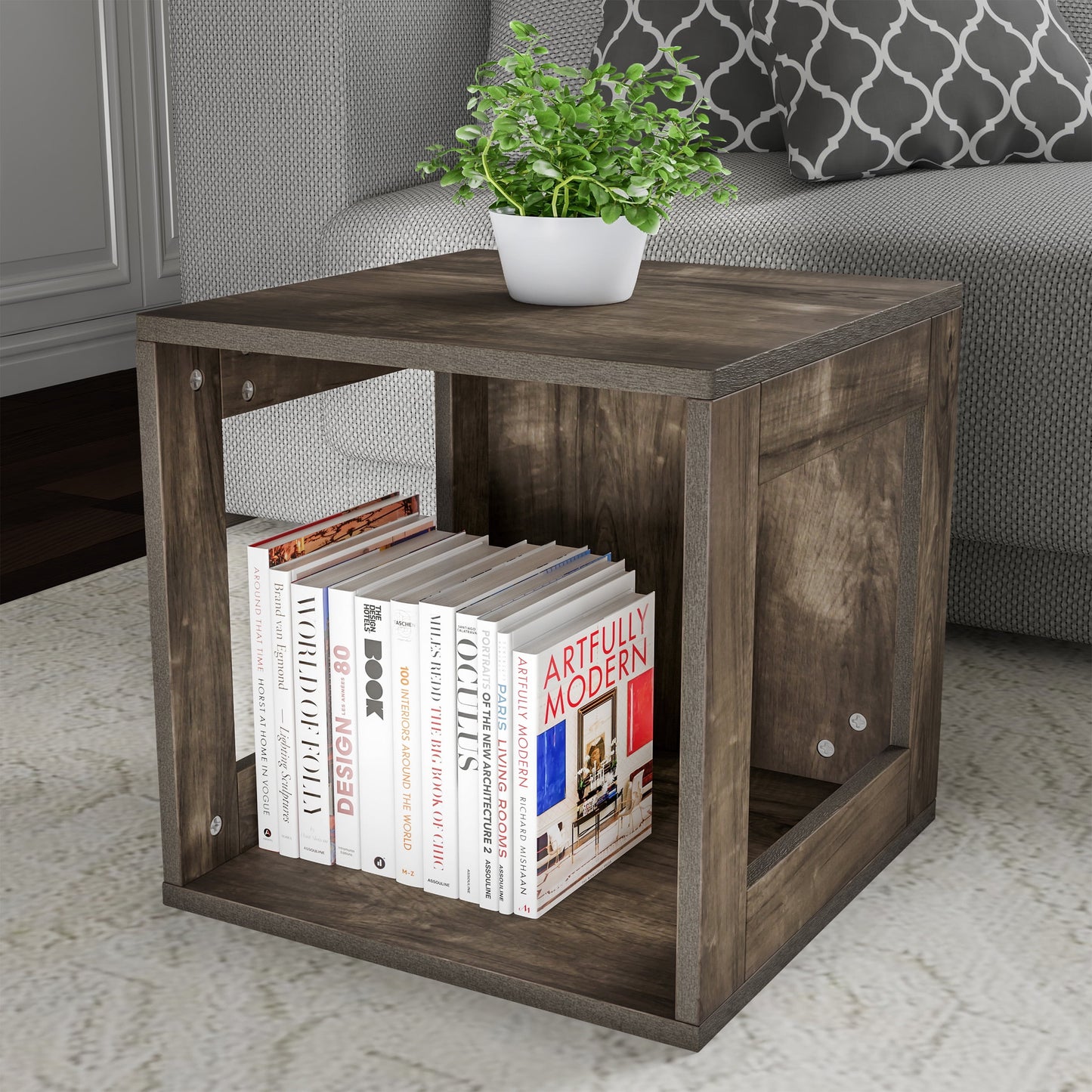 Lavish Home Mesa Auxiliar Moderna Apilable Modular Tipo Cubo con Lados Abiertos (Gris)