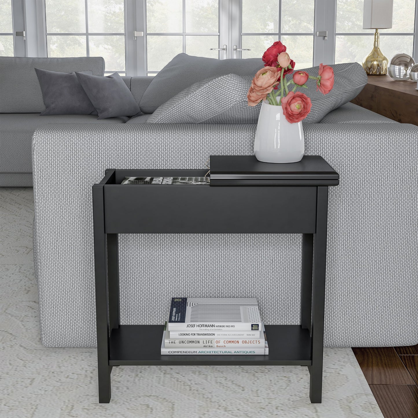 Lavish Home Narrow End Table with Storage Compartment and Shelf (Black)