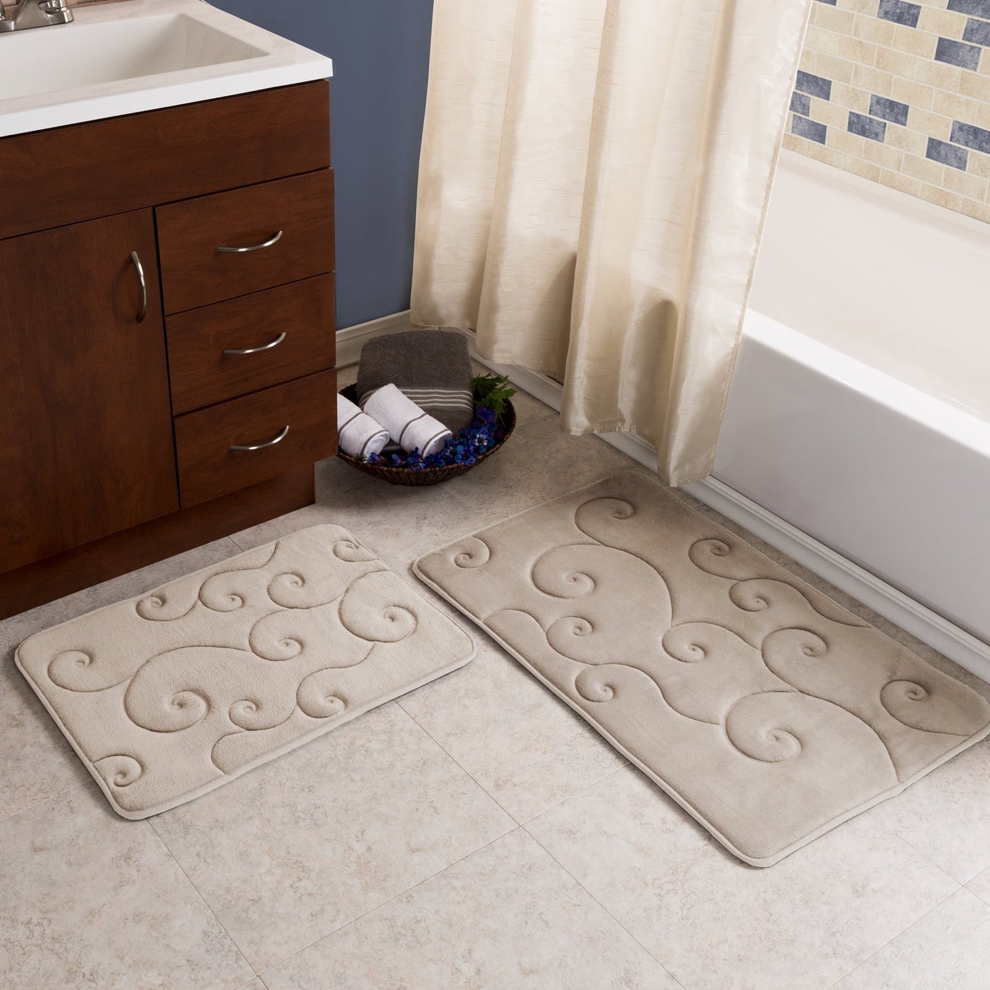 2 pc Memory Foam Bath Mat Set by Lavish Home - Coral Fleece Embossed Pattern - Taupe