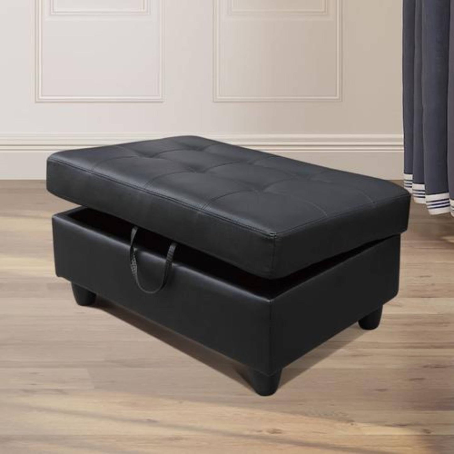 Leather Storage Ottoman, Folding Foot Stool with Storage Button Tufted Ottoman Bench for Living Room,Black