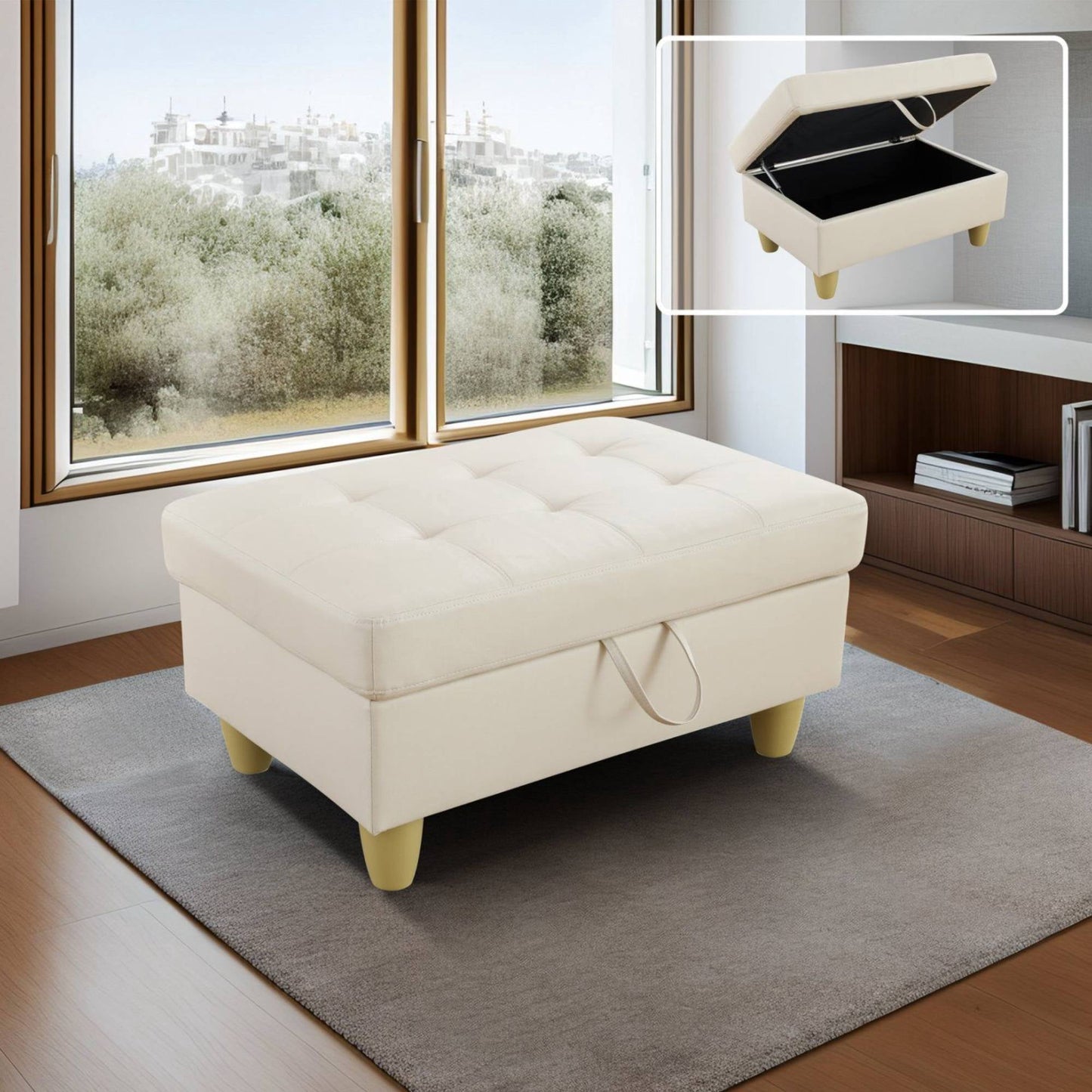 Leather Storage Ottoman, Folding Foot Stool with Storage Button Tufted Ottoman Bench for Living Room,White