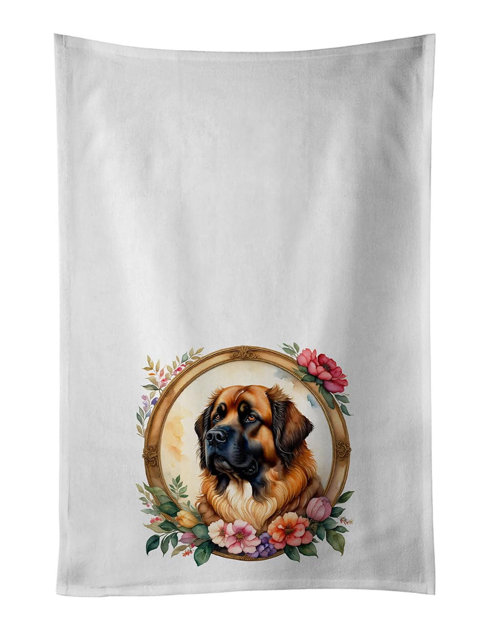 Leonberger and Flowers Kitchen Towel Set of 2 White Dish Towels 19 in x 28 in