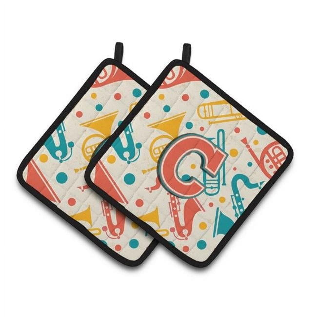 Letter C Retro Teal Orange Musical Instruments Initial Pair of Pot Holders