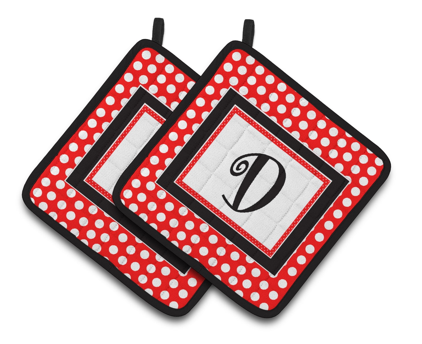 Letter D Initial Monogram Red Black Polka Dots Pair of Pot Holders