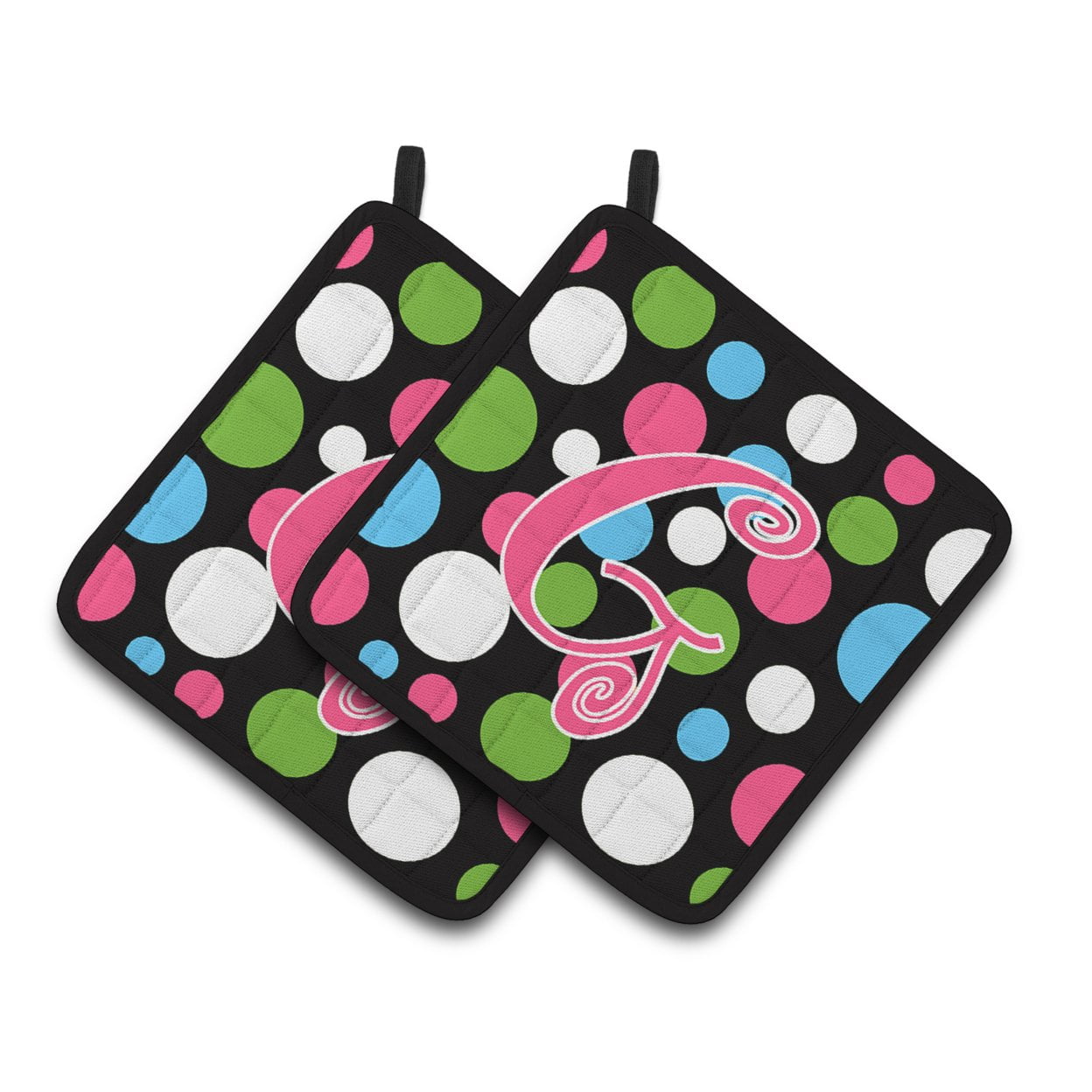 Letter G Initial Monogram - Polkadots and Pink Pair of Pot Holders