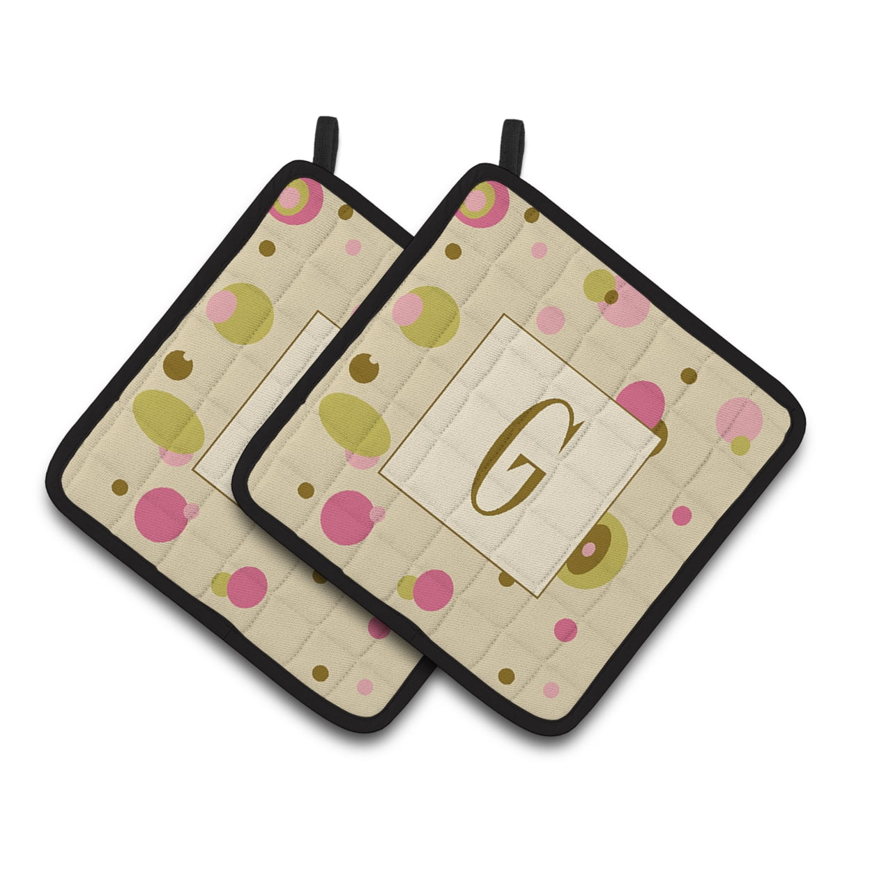 Letter G Initial Monogram - Tan Dots Pair of Pot Holders