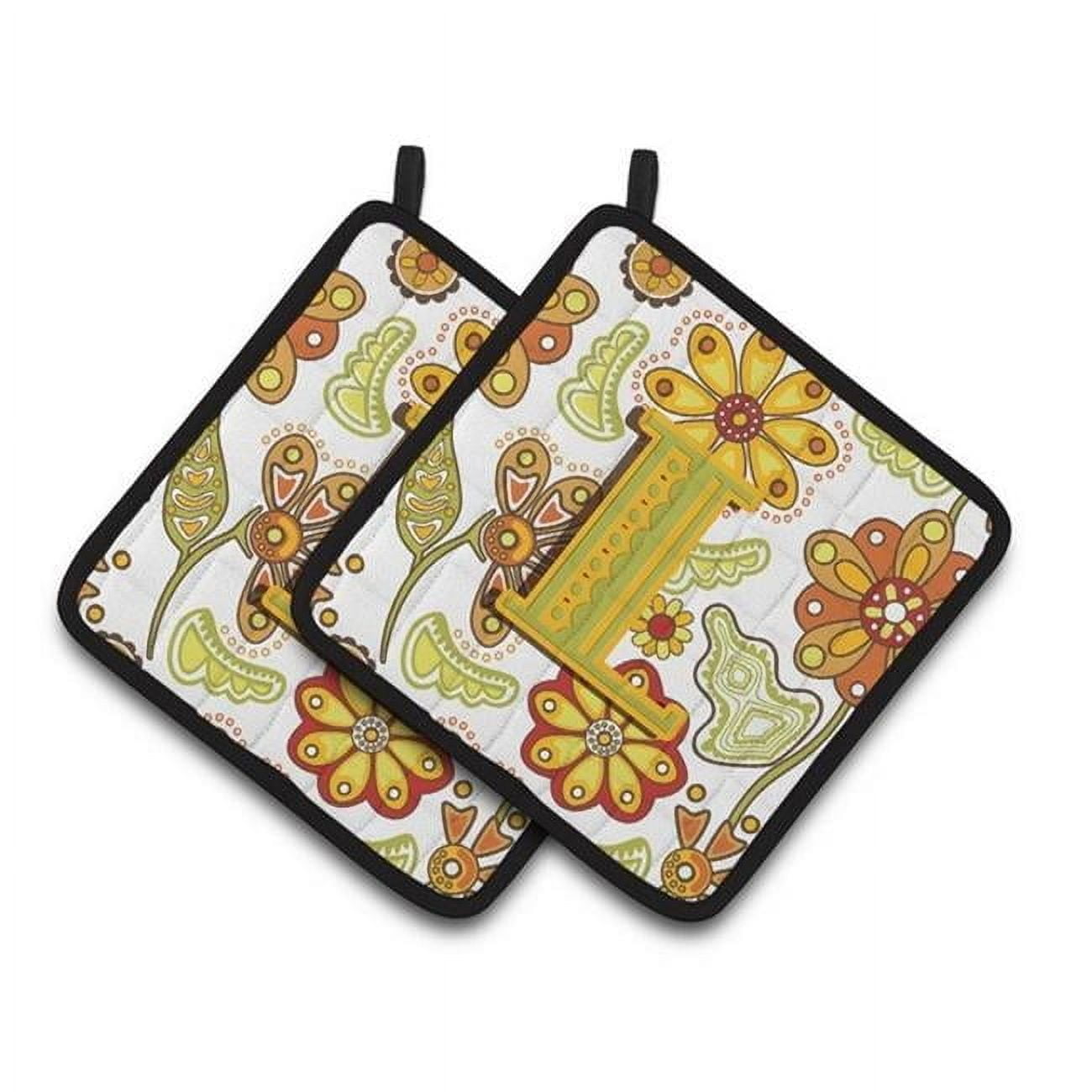 Letter L Floral Mustard and Green Pair of Pot Holders