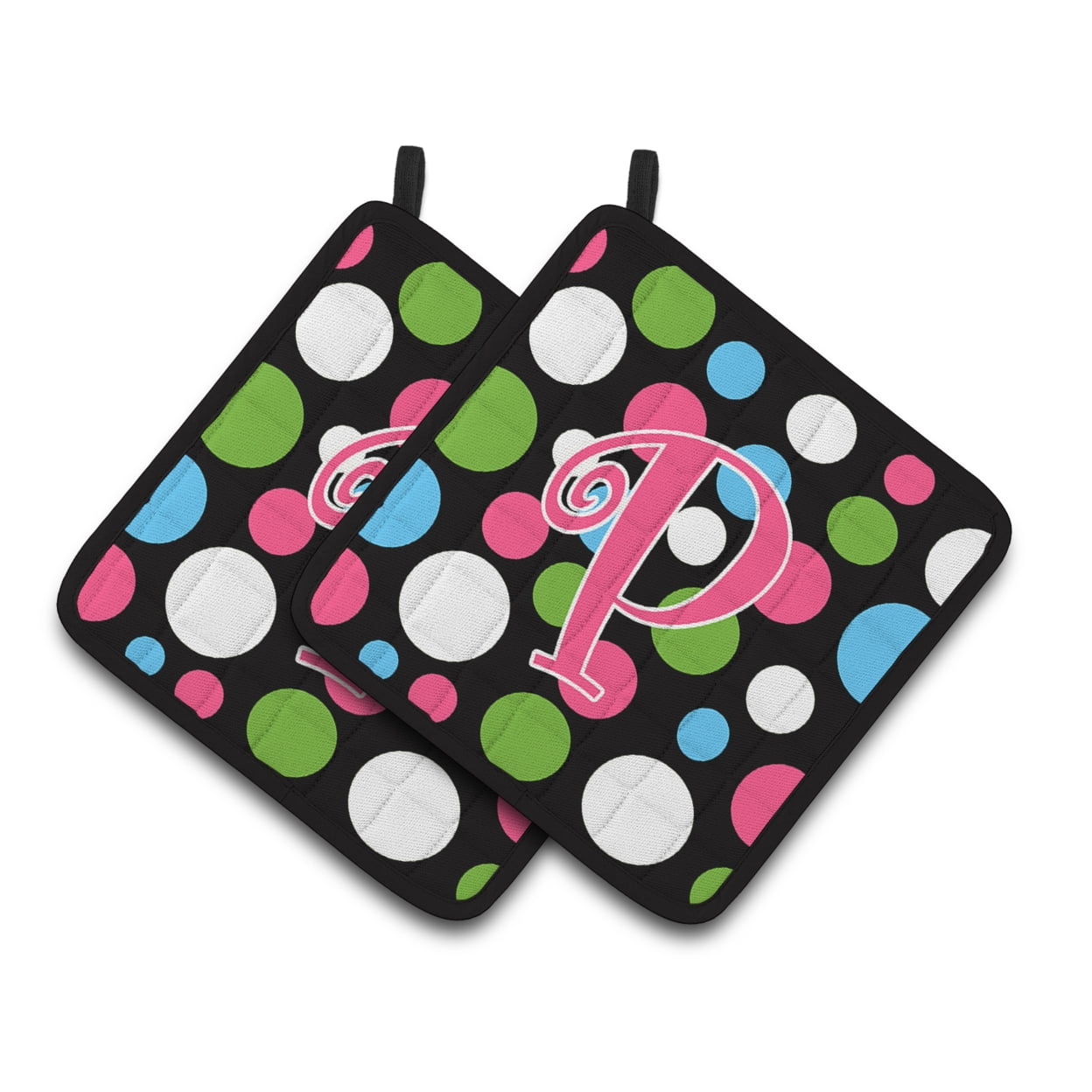Letter P Initial Monogram - Polkadots and Pink Pair of Pot Holders
