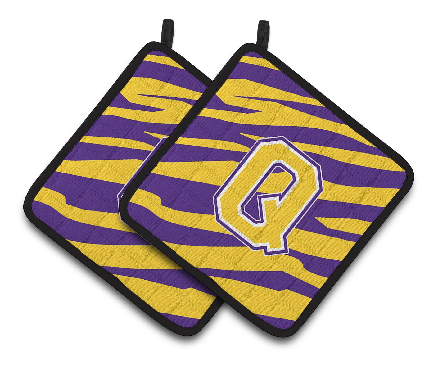 Letter Q Monogram - Tiger Stripe - Purple Gold Pair of Pot Holders