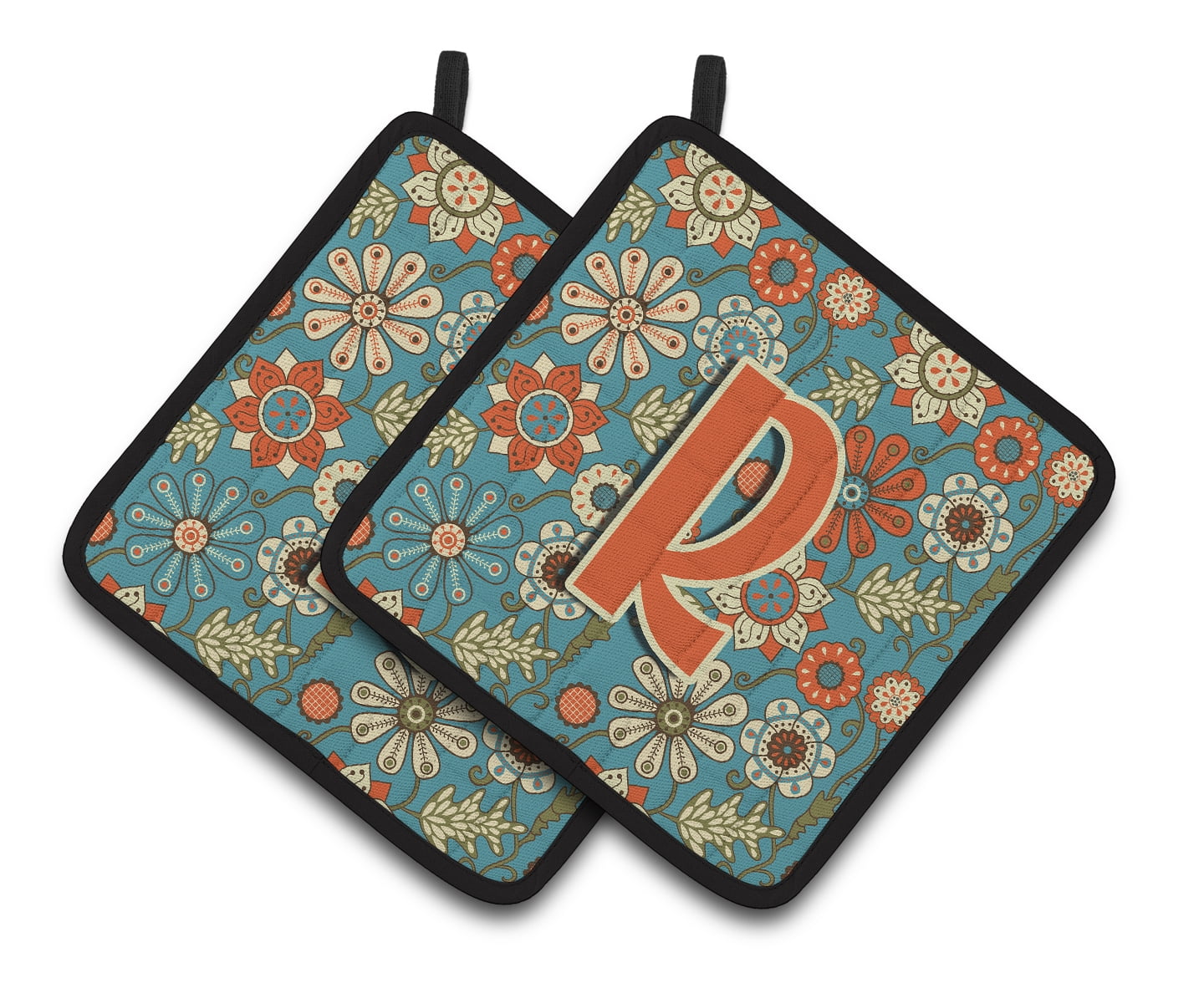 Letter R Flowers Retro Blue Pair of Pot Holders