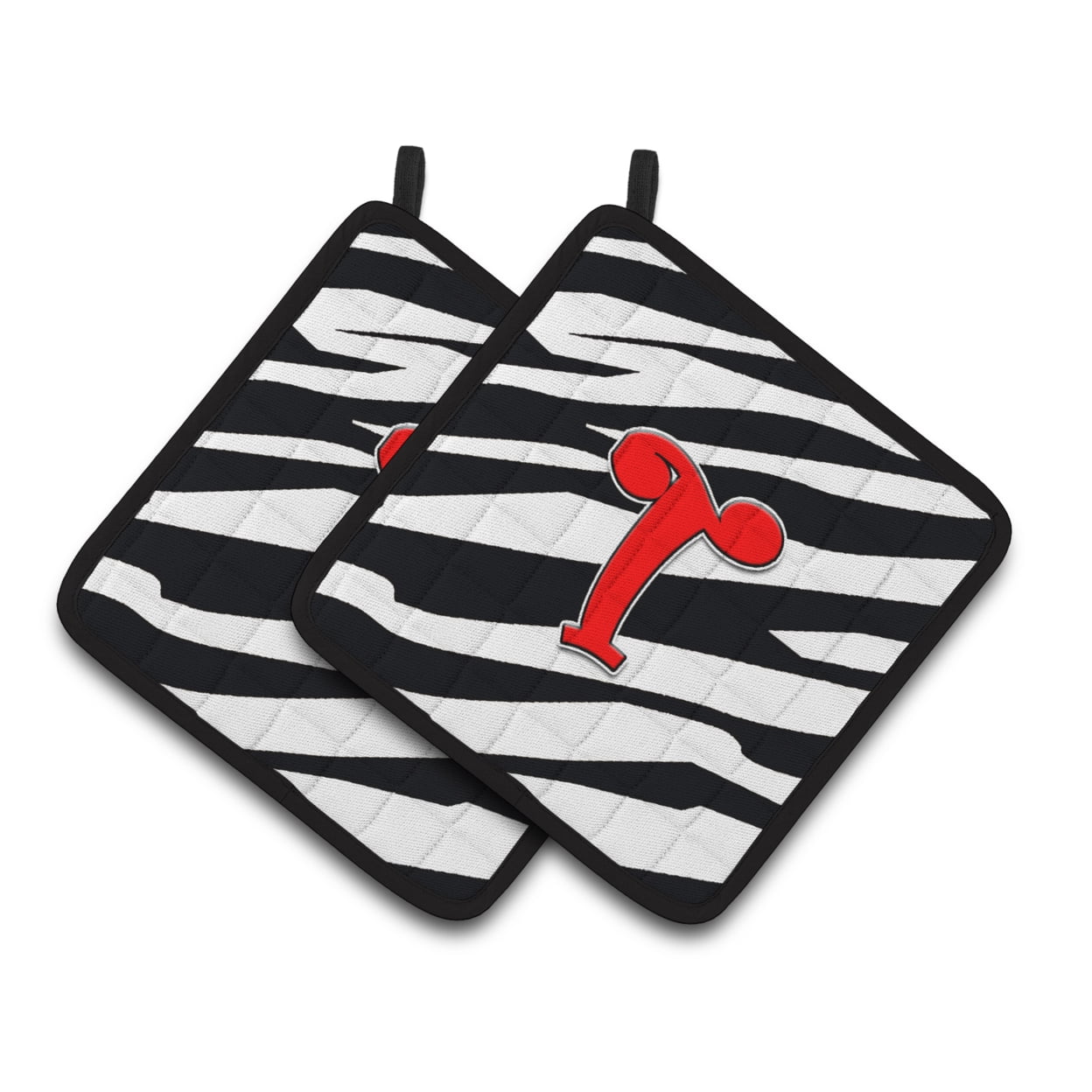 Letter T Initial Monogram - Zebra Red Pair of Pot Holders