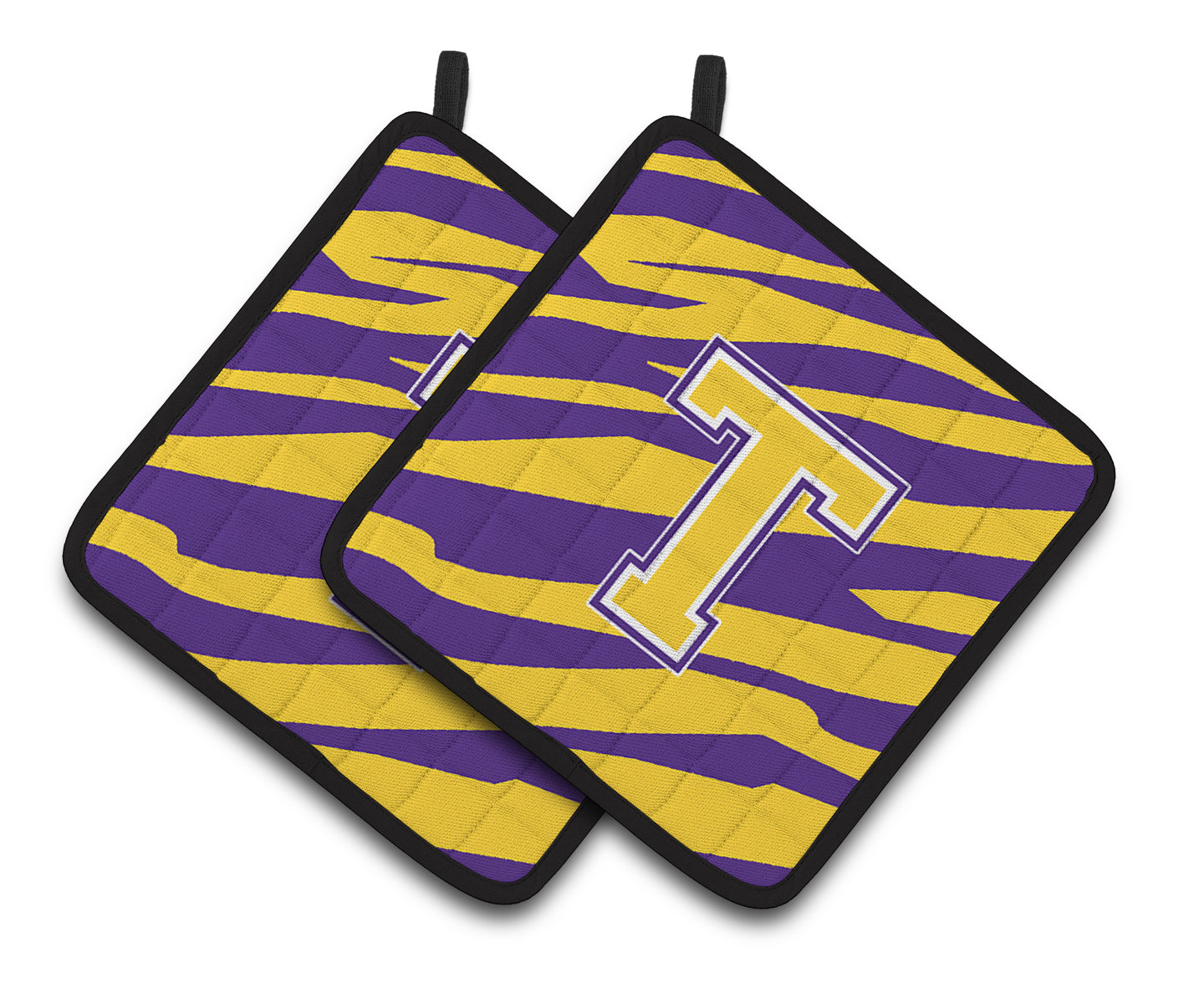 Letter T Monogram - Tiger Stripe - Purple Gold Pair of Pot Holders