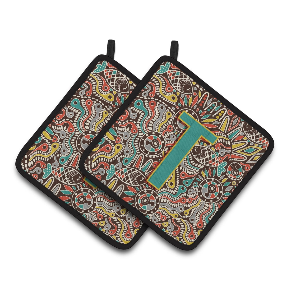 Letter T Retro Tribal Alphabet Initial Pair of Pot Holders