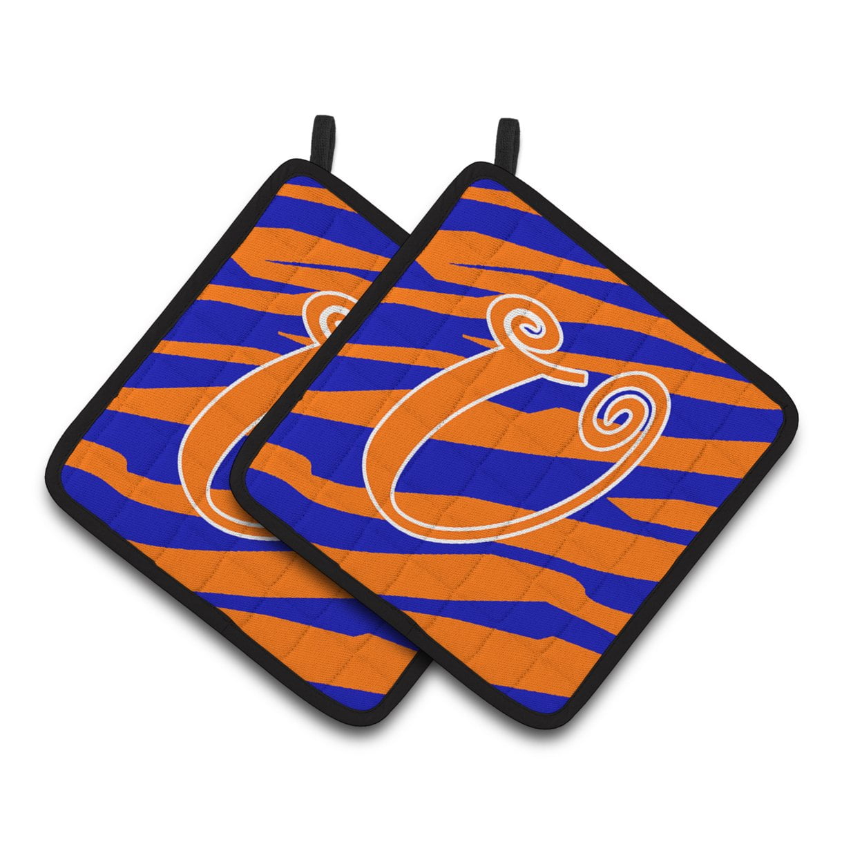 Letter U Initial Tiger Stripe Blue and Orange Pair of Pot Holders