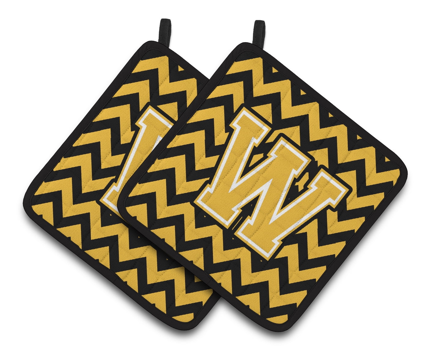Letter W Chevron Black and Gold Pair of Pot Holders