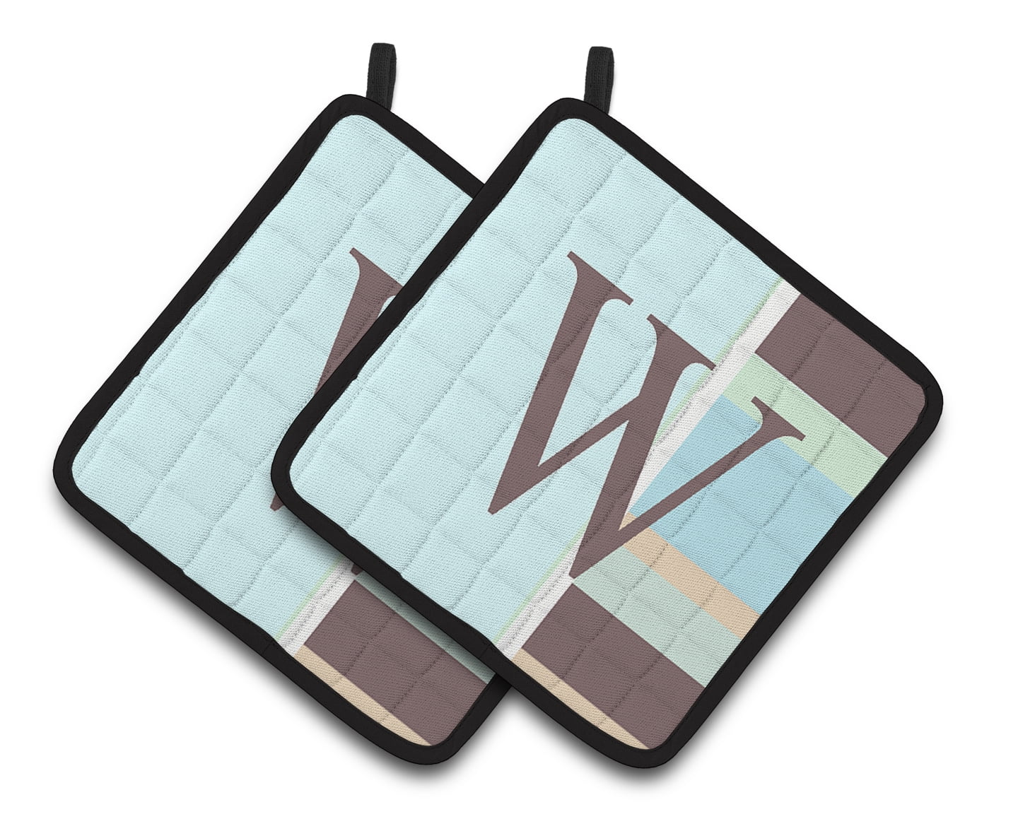 Letter W Initial Monogram - Blue Stripes Pair of Pot Holders