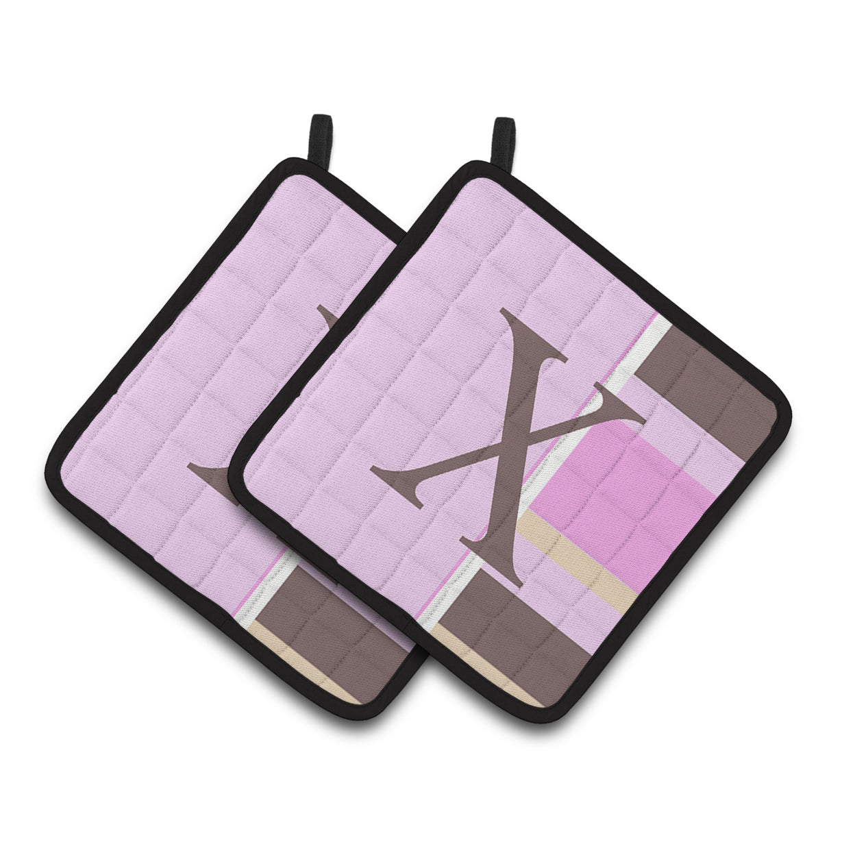 Letter X Initial Monogram - Pink Stripes Pair of Pot Holders