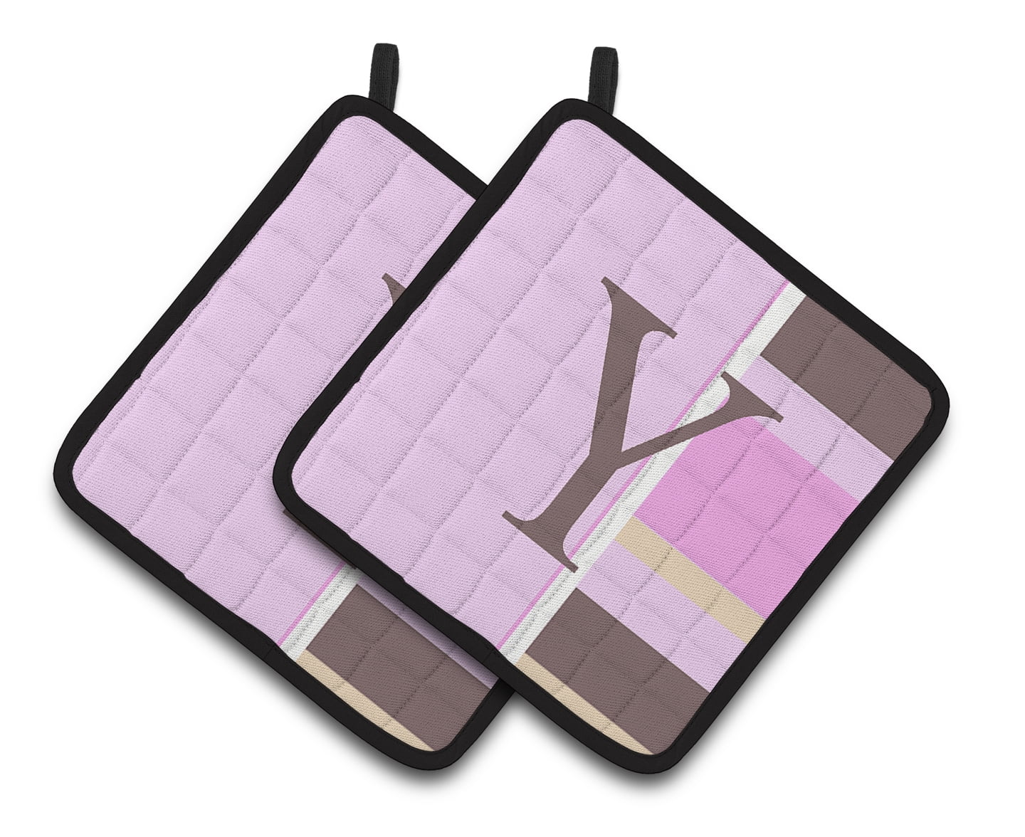 Letter Y Initial Monogram - Pink Stripes Pair of Pot Holders