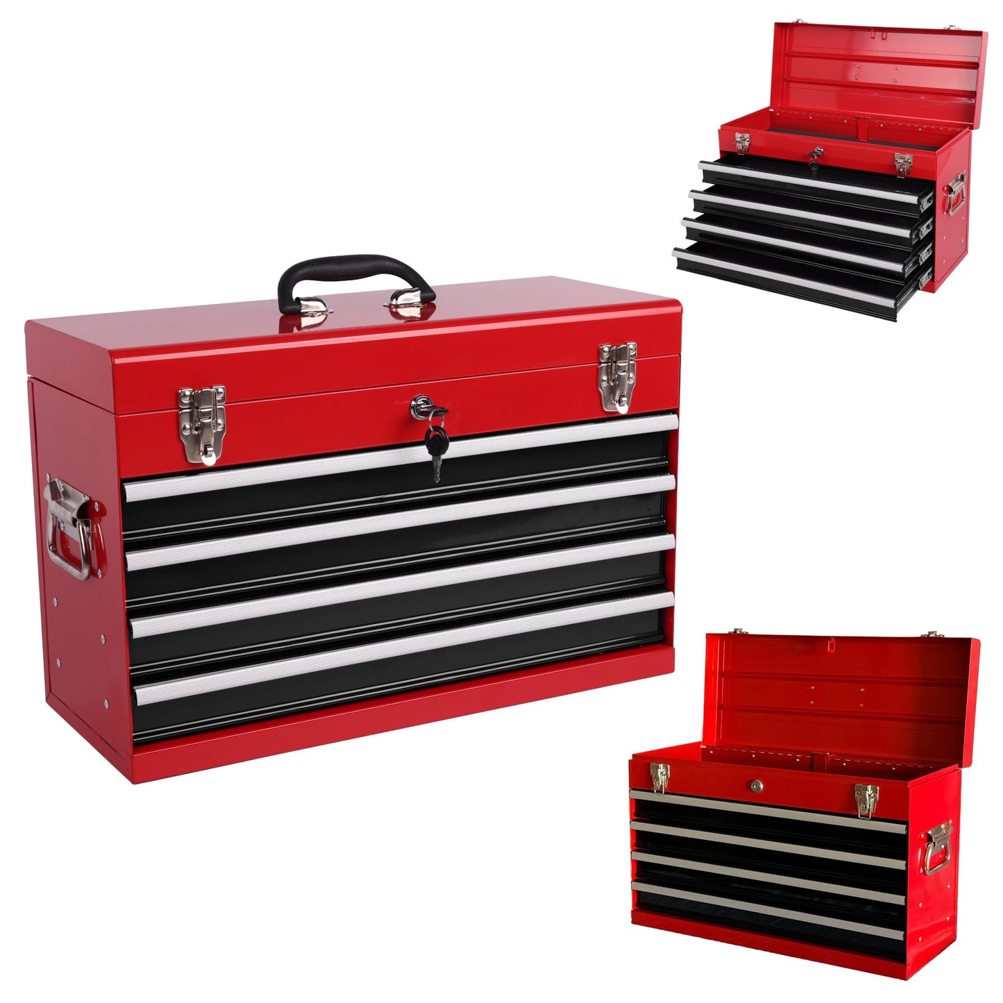 Leumius 21" Metal Tool Box with 4 Drawers,Small Tool Chest with EVA Liners,Multi-Function Tool Organizer for Garage,Workshop,Red+Black