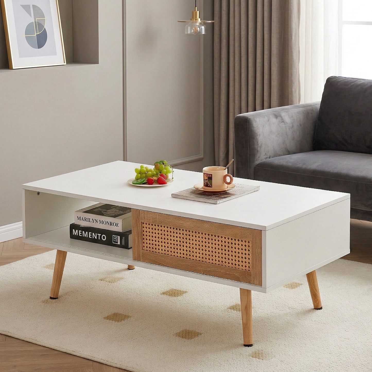Leumius 41.3 Inch Rattan Coffee Table with Sliding Storage Door, Rectangle Wooden Accent Center Sofa Table with Solid Wood Legs,Suitable for Living Room,White