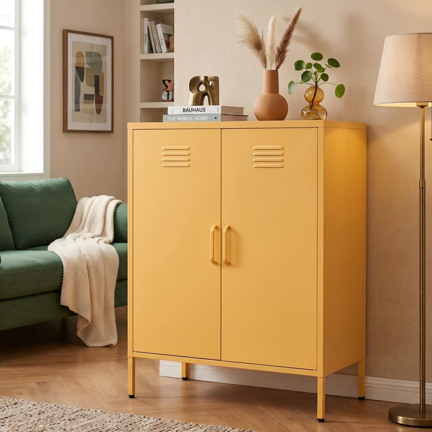 Leumius Metal Sideboard Buffet Cabinet with Storage,40"H Accent Cabinets with Adjustable Shelf,Kitchen Pantry Cabinet for Dining Room,Living Room,Yellow