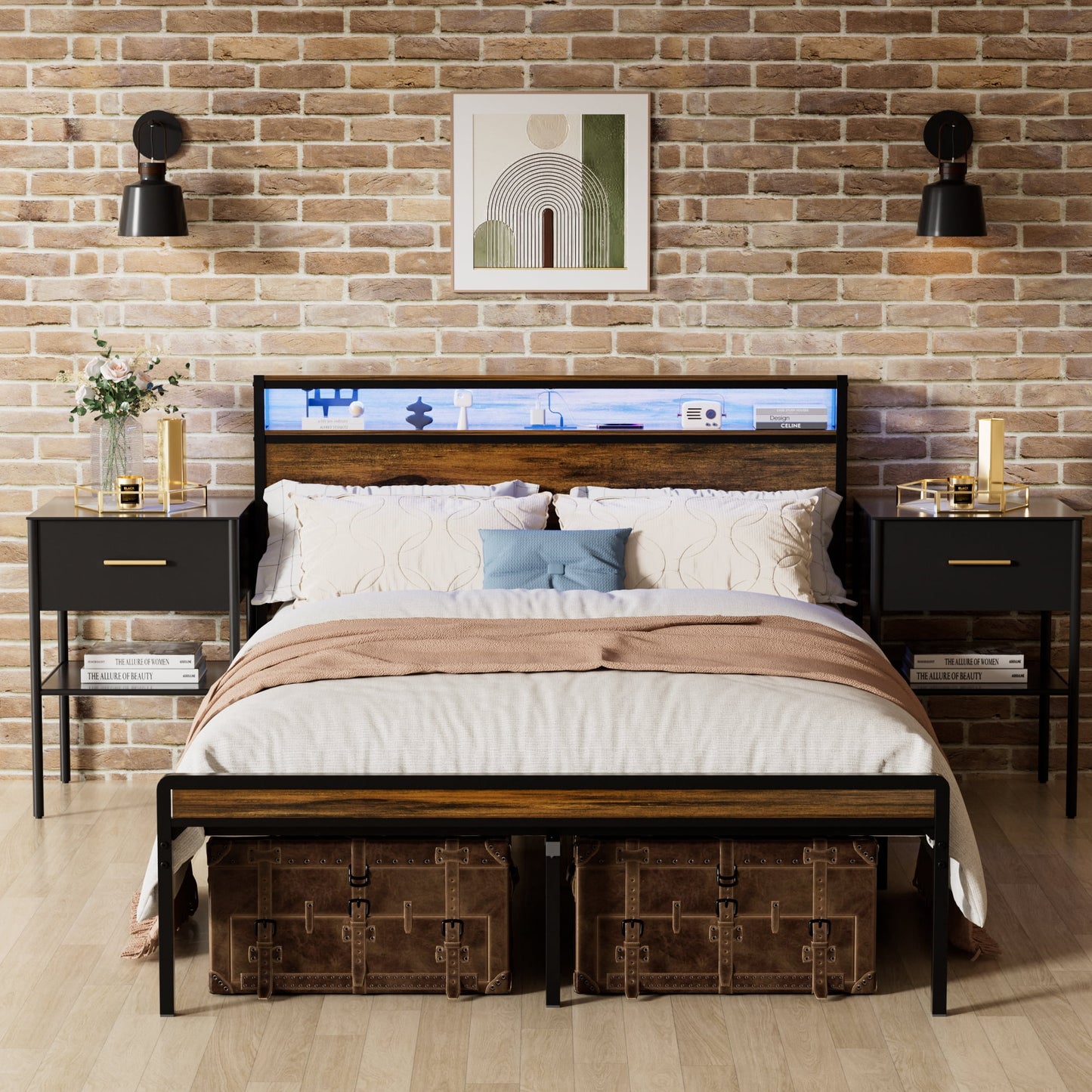Leumius Queen Size Bed Frame with Led Lights Storage Headboard,Heavy Duty Metal Bed Frame with Charging Station,Steel Slat Support, Noise Free,Antique Brown