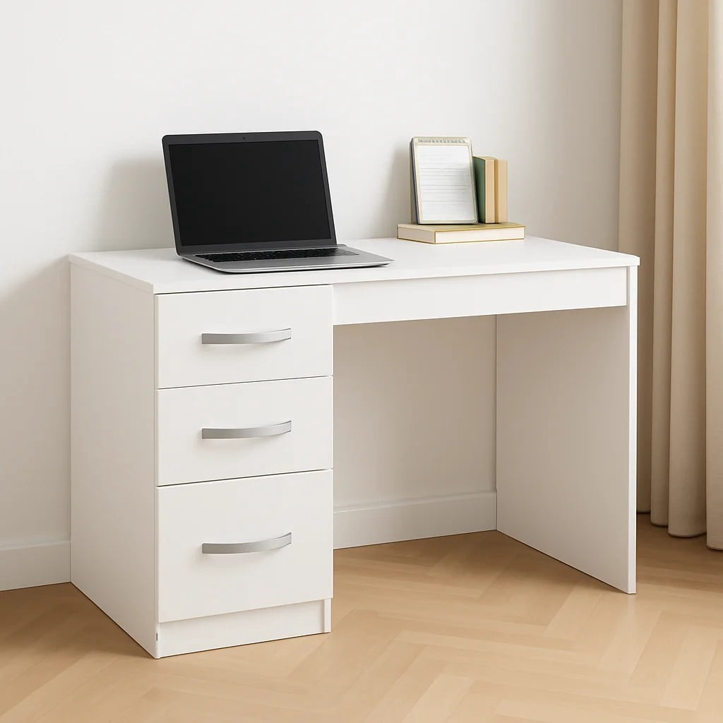 Leumius Wooden Desk with 3 Drawers,Home Office Bedroom Desk Study Writing Desk,White02