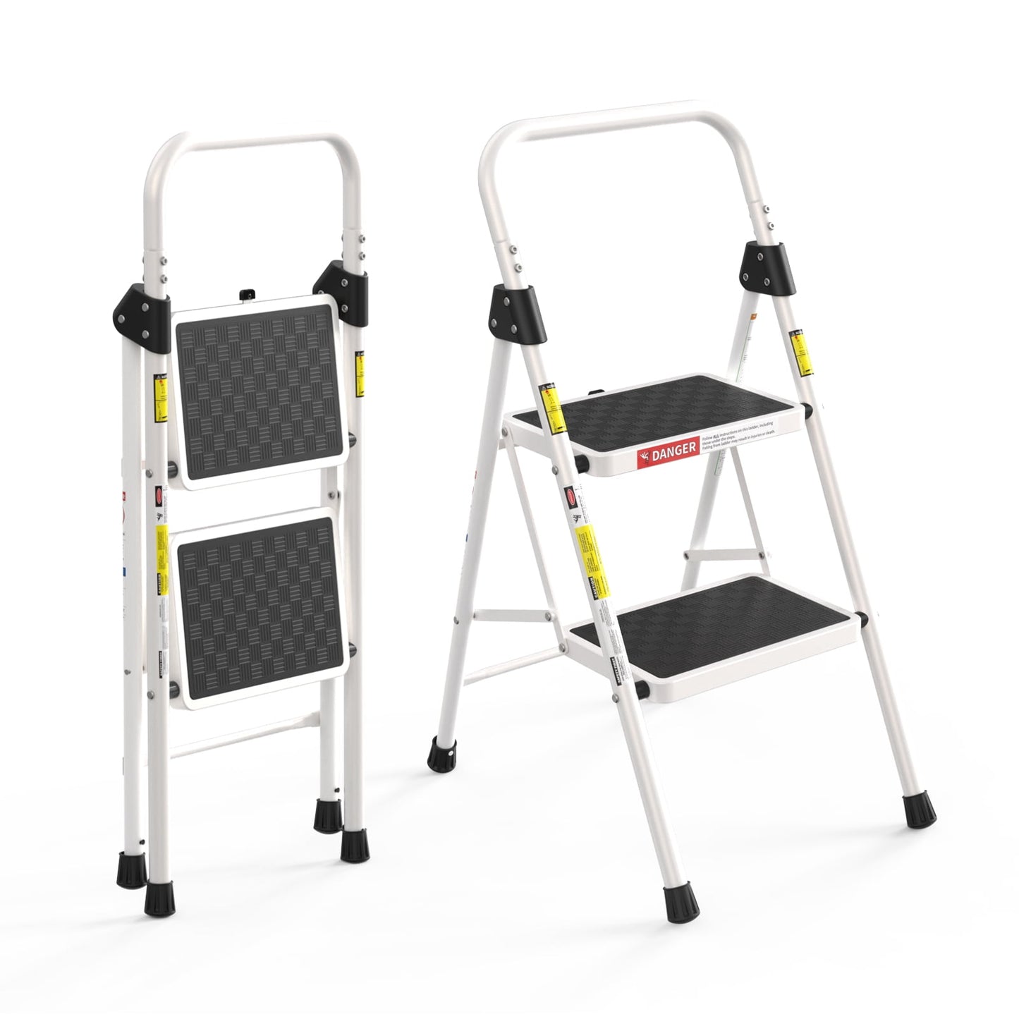 LevLad 2 Step Ladder, Folding Step Stool with Anti-Slip Pedal, Sturdy Steel Ladder, Convenient Handrail, Lightweight, Portable, White