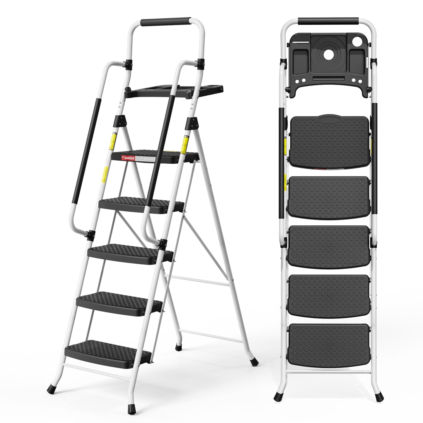 LevLad Folding 5 Step Ladder with Tool Tray & Handrails, 330 lbs Capacity Step Stool with Safety Lock, Non-Skid Wide Steps, Black