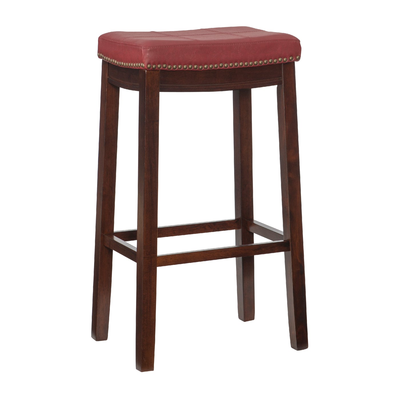 Linon Claridge Backless Bar Stool Red Faux Leather Wood Frame in Dark Brown