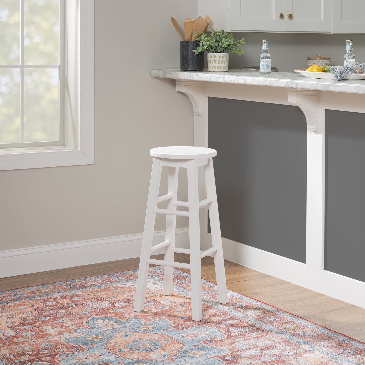 Linon McMullen Banco de Bar Redondo sin Respaldo de Madera para Interiores de 29", Blanco