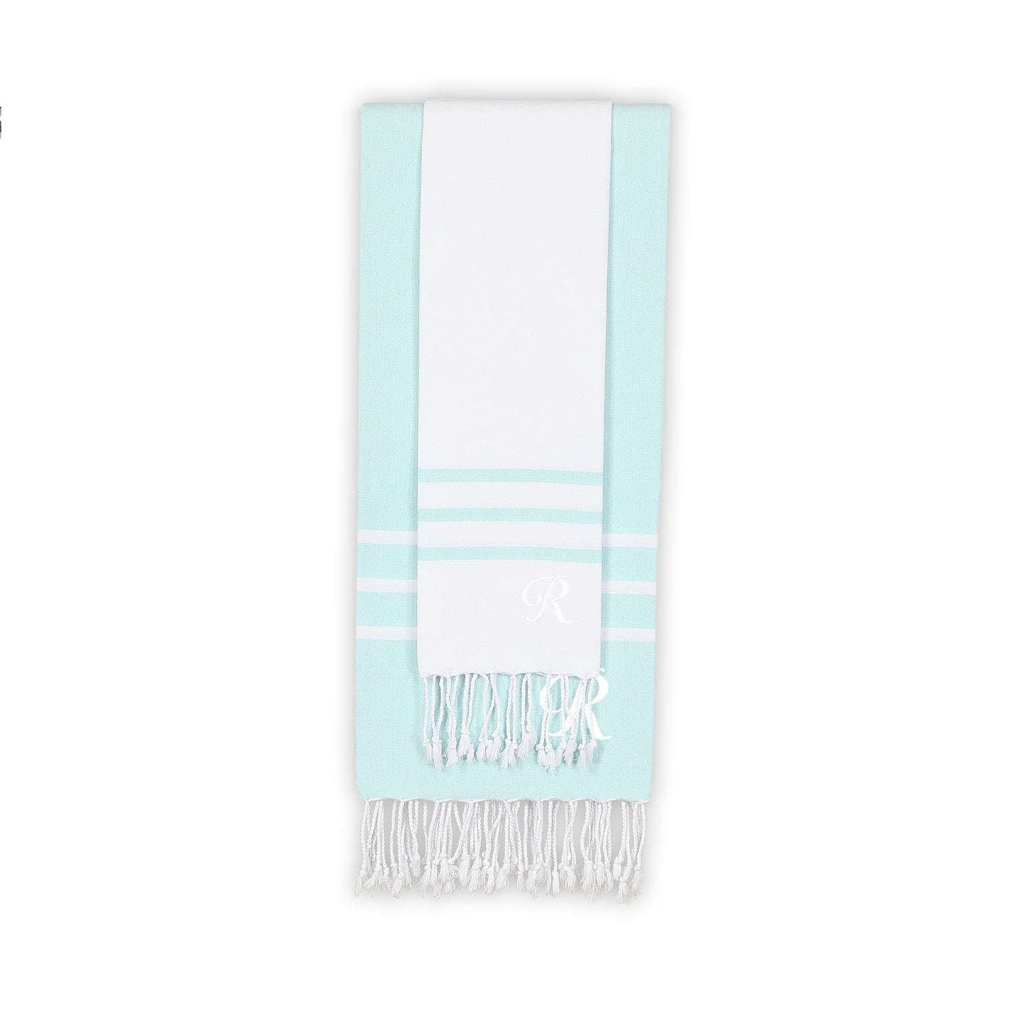Linum Home Alara 100% Turkish Cotton Monogrammed White and Aqua Pestemal Beach Towel Set