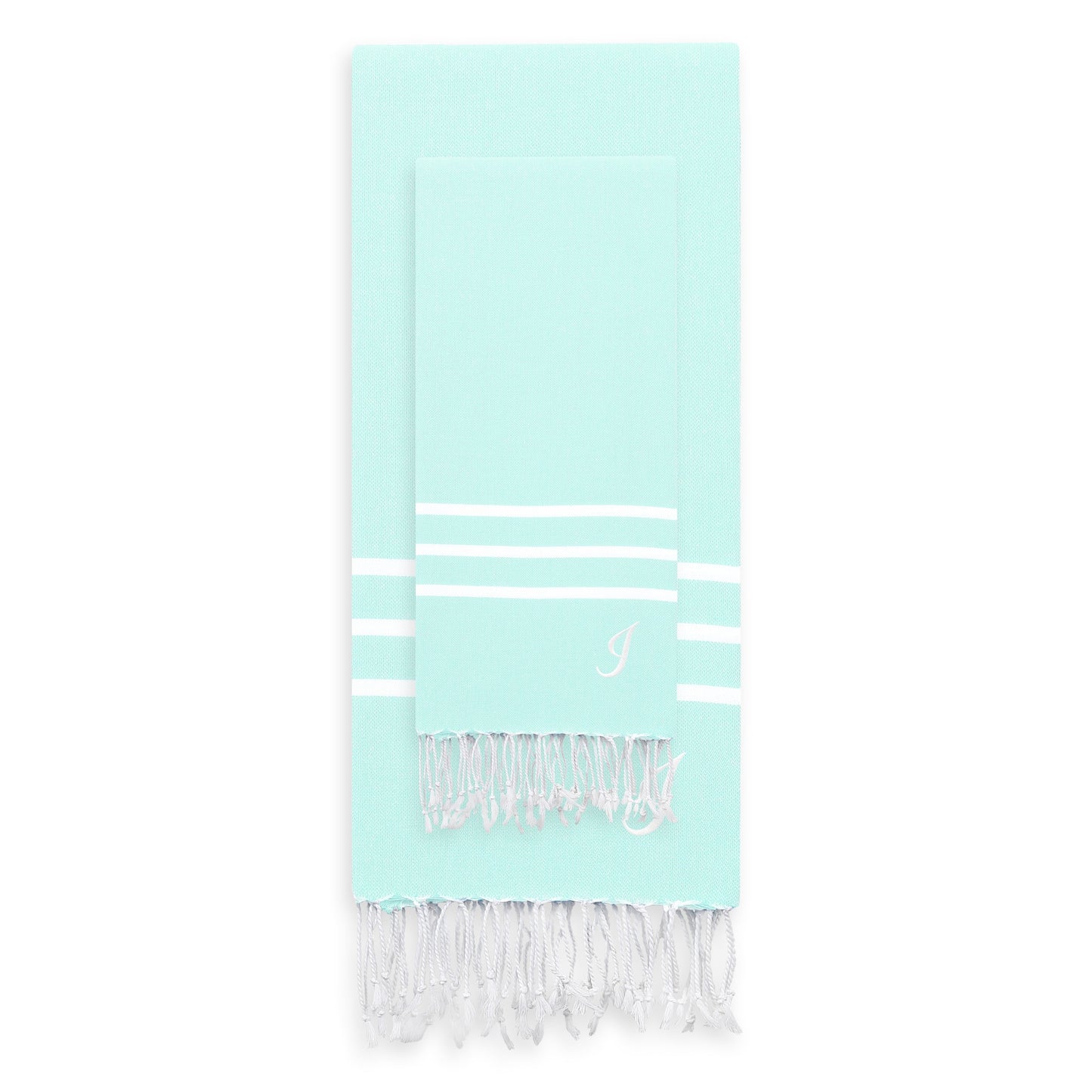 Linum Home Authentic Ella Soft Aqua Monogrammed Pestemal Fouta Turkish Cotton Beach and Head Towel Set (Set of 2) I