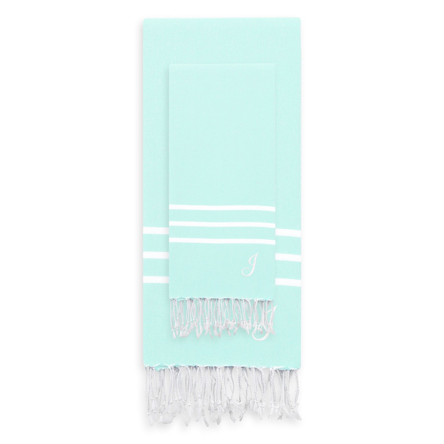 Linum Home Authentic Ella Soft Aqua Monogrammed Pestemal Fouta Turkish Cotton Beach and Head Towel Set (Set of 2) J