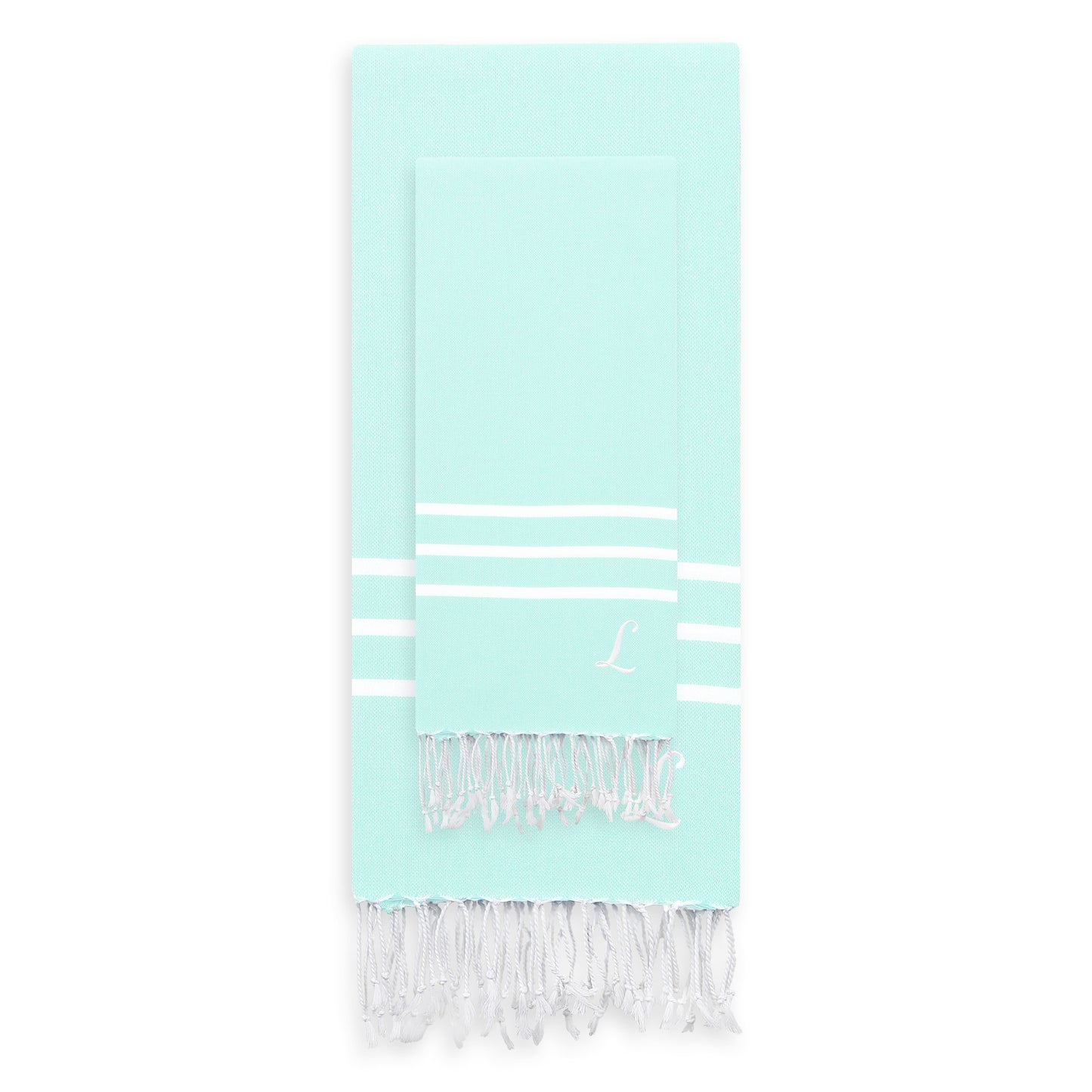 Linum Home Authentic Ella Soft Aqua Monogrammed Pestemal Fouta Turkish Cotton Beach and Head Towel Set (Set of 2) L