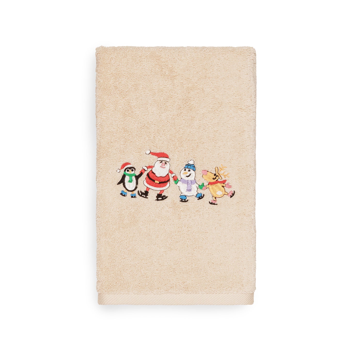 Linum Home Christmas Skating Party Embroidered Beige Turkish Cotton Hand Towel