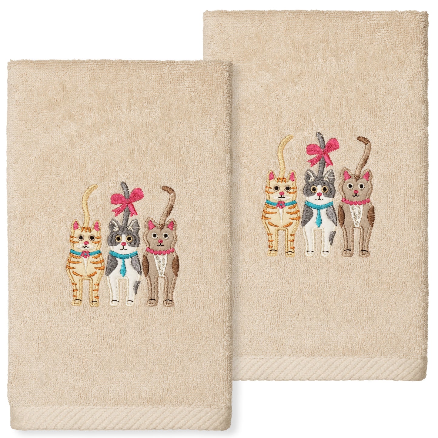 Linum Home Textiles Cats Embroidered Luxury 2 Piece Turkish Cotton Hand Towels, 16" x 30", Sand Beige