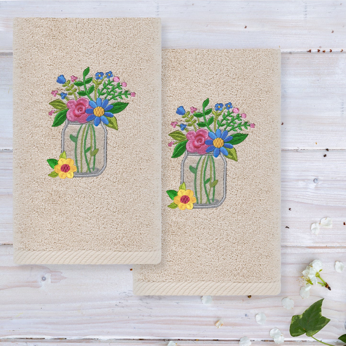 Linum Home Textiles Country Bouquet - Embroidered Luxury 100% Turkish Cotton Hand Towels (Set of 2)