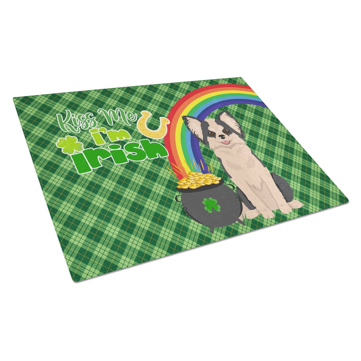 Longhaired Black and White #2 Chihuahua St. Patrick's Day Glass Cutting Board Large 12 in x 15 in