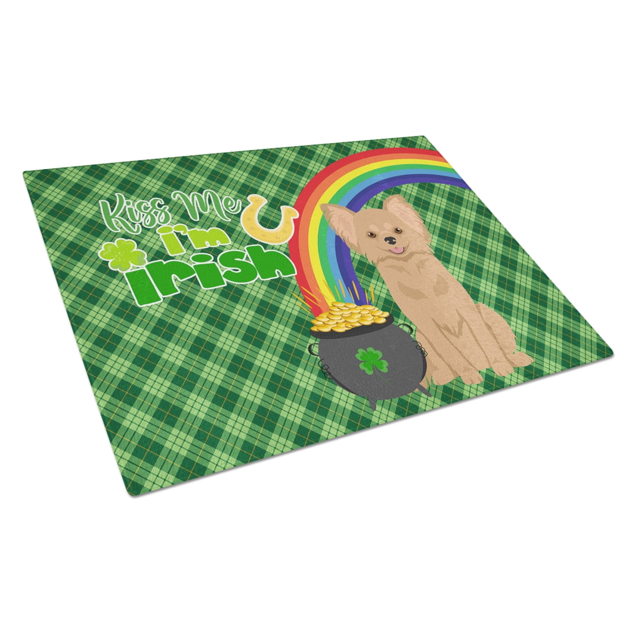 Longhaired Gold Chihuahua St. Patrick's Day Glass Cutting Board Large 12 in x 15 in