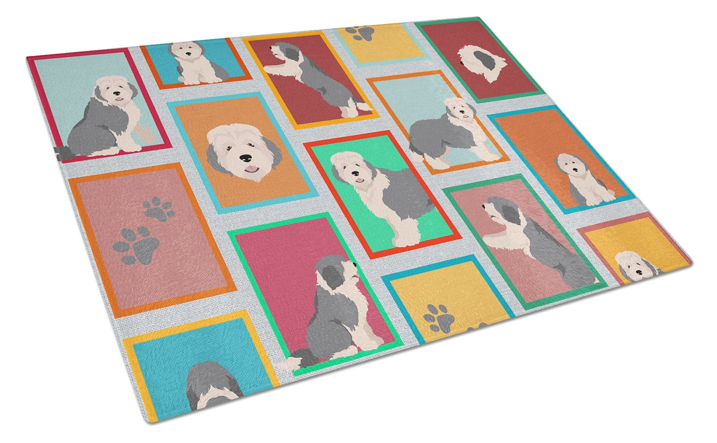 Lots of Old English Sheepdog Glass Cutting Board Large 12 in x 15 in